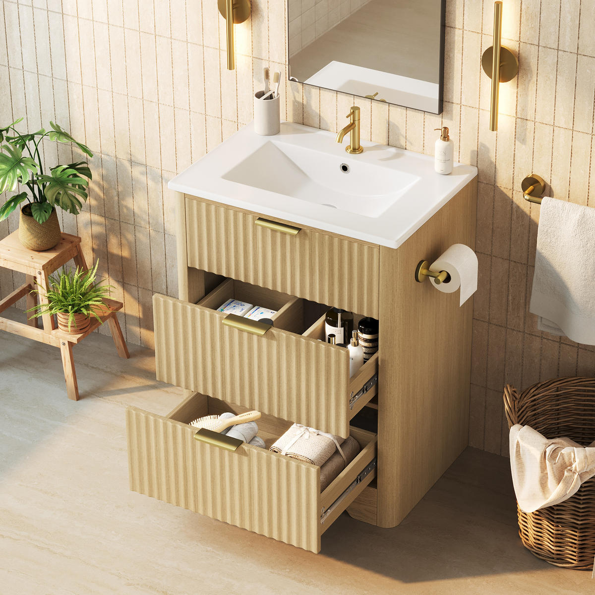 BADEZIMMERSCHRANK Holzoptik Keramik Waschbecken Schubladen 61cm - Naturfarben, Keramik (61/82/47cm) - FLIEKS