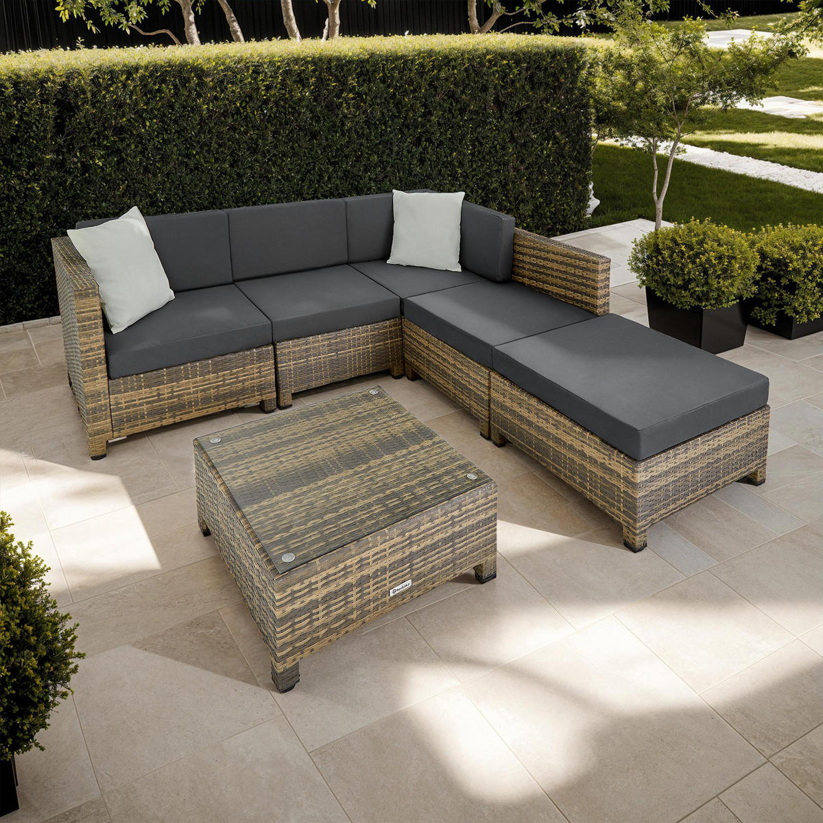 RATTANLOUNGE , mit Sicherheitsglasplatte, natur - Naturfarben, Kunststoff - tectake