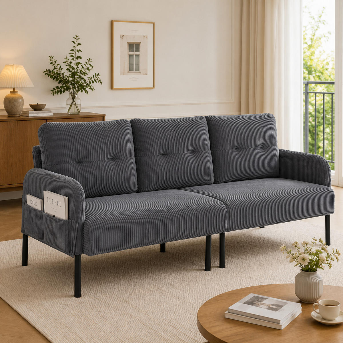 3-SITZER-SOFA DE-33596 mit Seitentaschen Grau - Grau, Metall (171/80/72cm) - ComfortXL