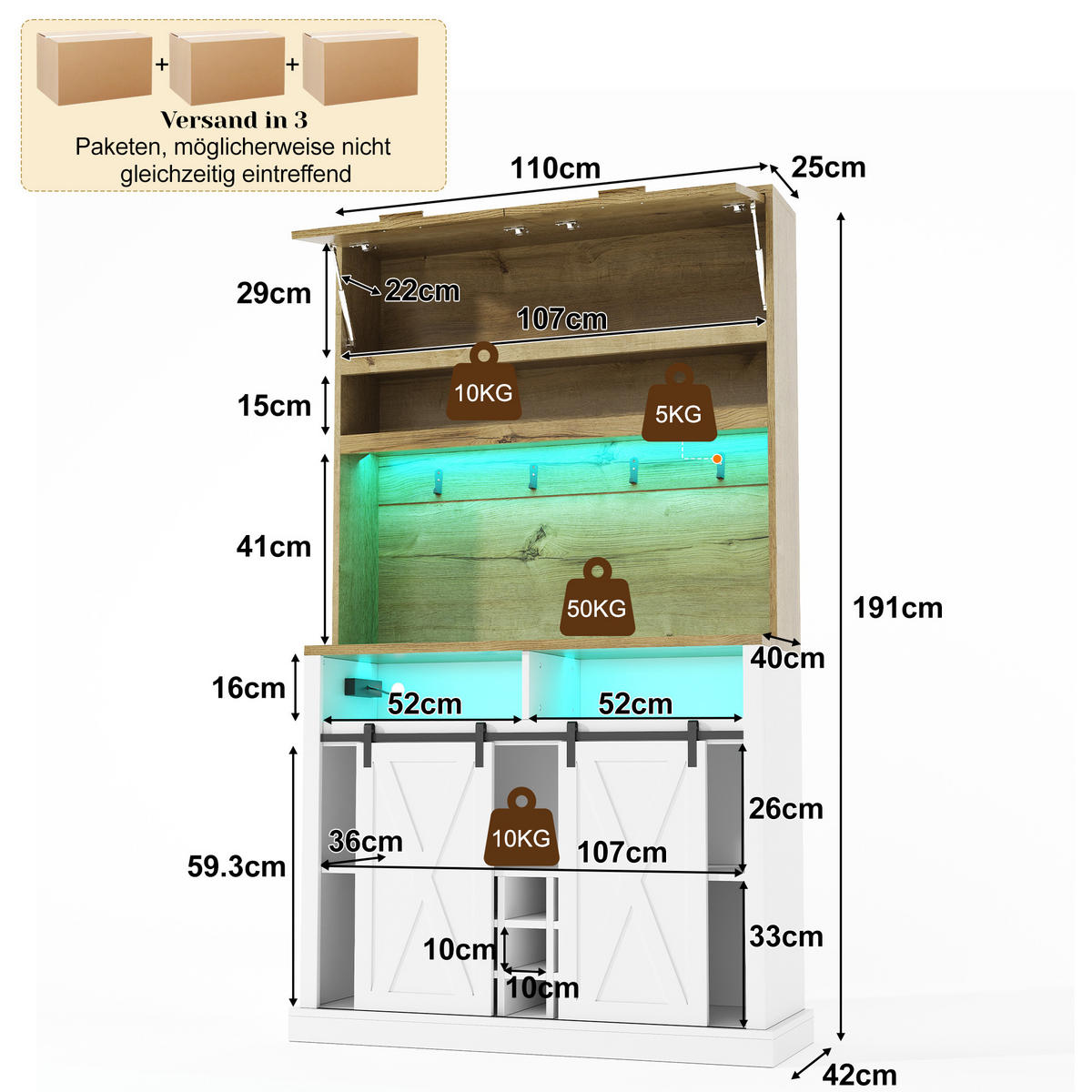 BUFFET 191 cm MDF Natur Weiß mit Vitrine, Weinregal und RGB-LED - Weiß, Holzwerkstoff (40/191/110cm) - Korfee