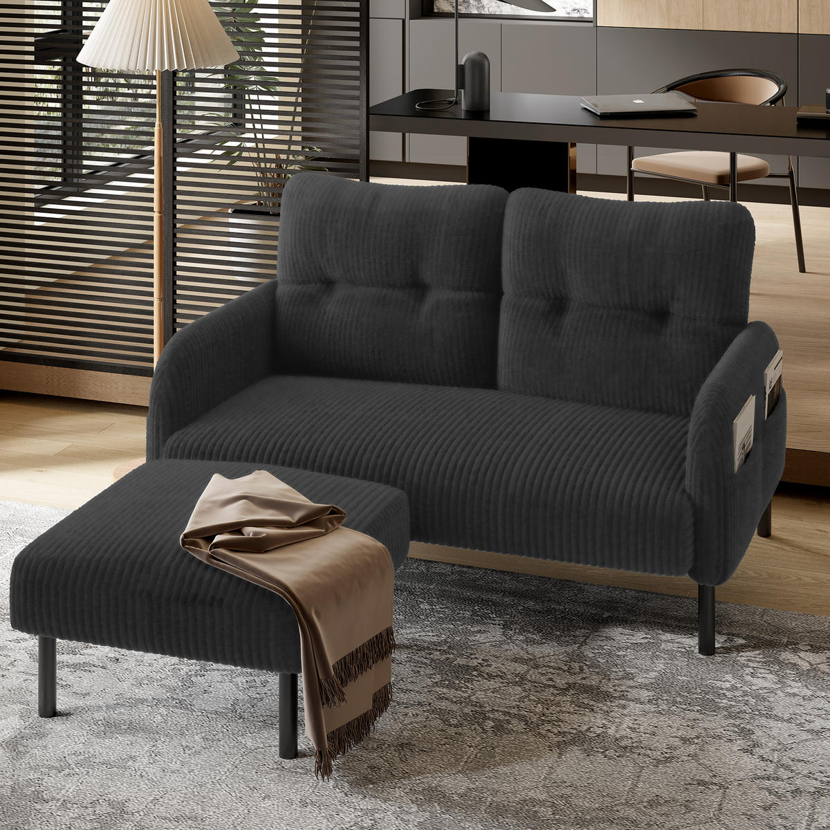 2-SITZER SOFA Cord Grau mit Seitentasche - Grau, Textil/Metall (120/79/75cm) - WISHDOR