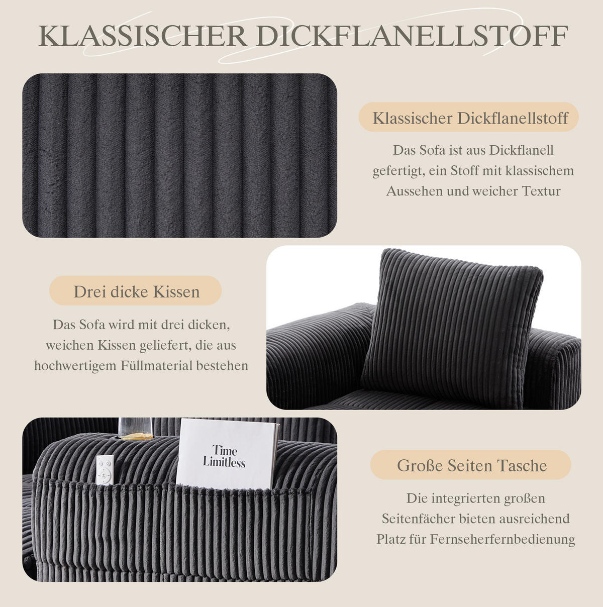 KOMPAKTSOFA Cord mit Modulsystem und Becherhalter 253/158/61 cm Dunkelgrau - Dunkelgrau, Textil (158/253cm) - Redom