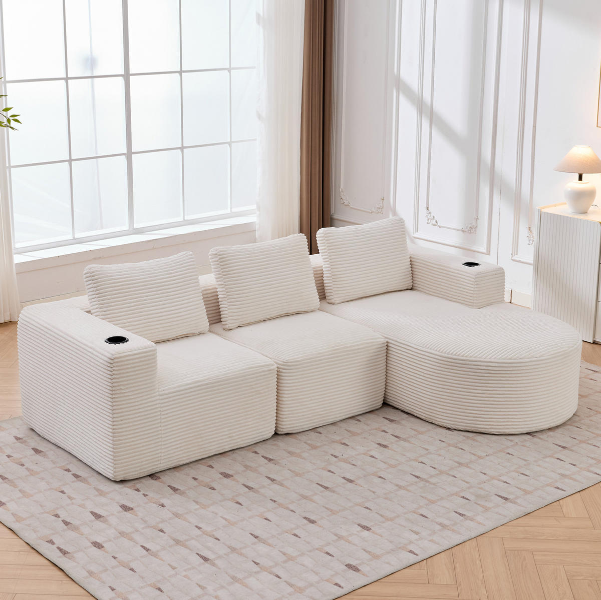 SOFA für kleine Räume Beige mit 3 Kissen und 2 Becherhaltern - Beige, Textil (176/265cm) - Meubliv