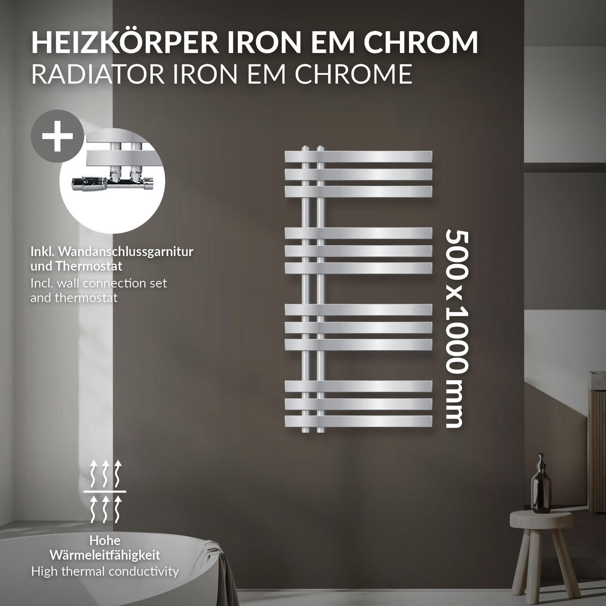 KOUPELNOVÝ radiátor Iron EM 500 × 1000 mm, chrom, s ventilem, rohové provedení - chromová, kov (50/100/3cm) - LuxeBath