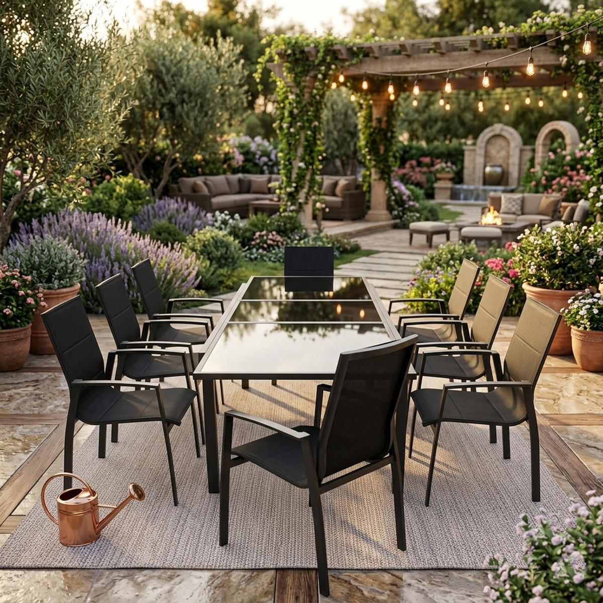 GARTEN-GARNITUR Ashford - 9-teilige Garten-Essgruppe (8x Stapelsessel mit Aluminiumgestell schwarz, Bespannung Textillehne schwarz - Schwarz, Metall - TPFGarden