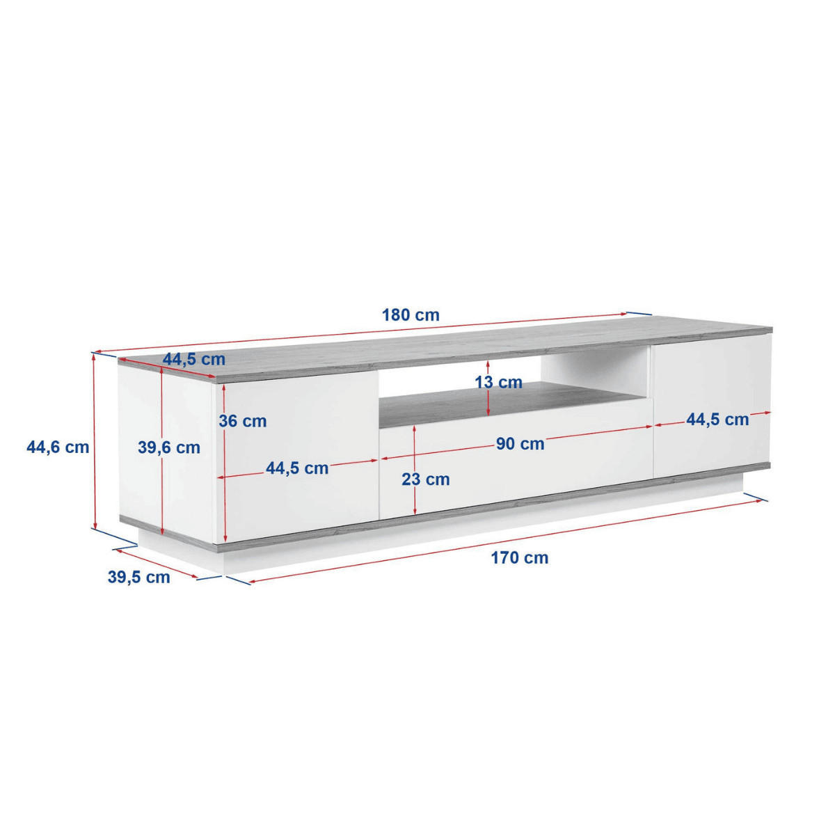 TV furniture with 3 folding doors and 1 niche, L180 cm - Grau, Holzwerkstoff (44.5/44.6/12cm) - Calicosy