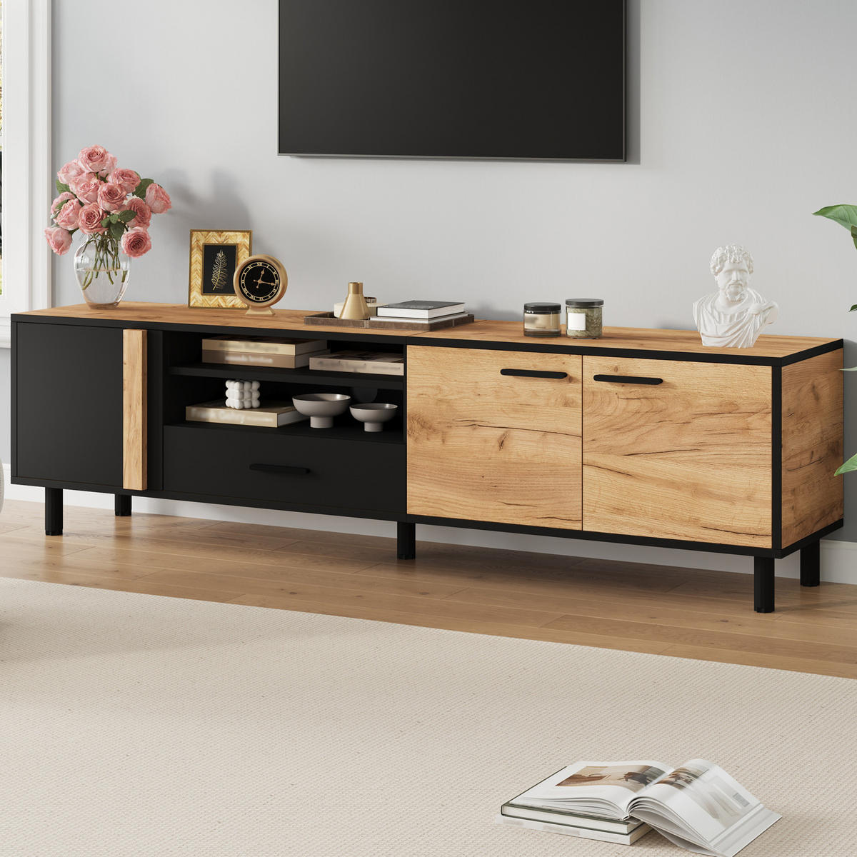 TV-LOWBOARD aus Spanplatte 180x32,5x50 cm Schwarz/Holzoptik mit 3 Türen und Schublade - Schwarz, Holzwerkstoff (180/50/32.5cm) - IVMEU