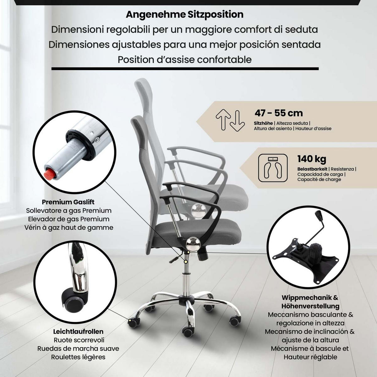BÜROSTUHL Waterloo, Kunstleder Grau - Grau, Textil/Metall (60/118/53cm) - TPFLiving