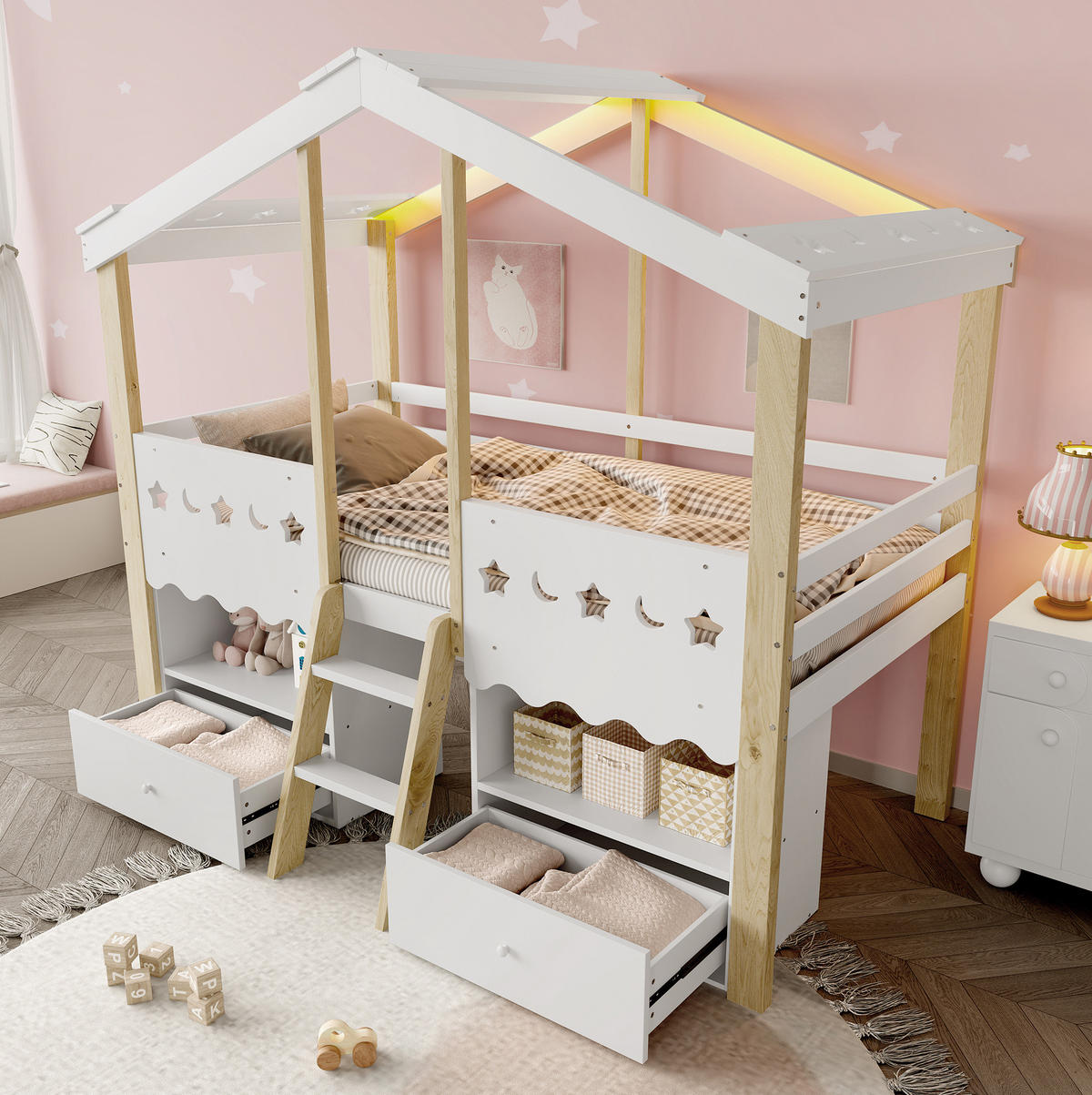 HOCHBETT 90/200 cm Weiß/Natur aus Kiefernholz mit LED-Beleuchtung und Stauraum - Weiß, Holz (90/200cm) - OKMYHOME