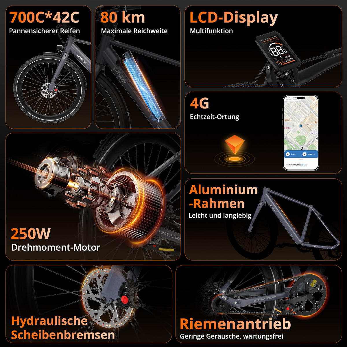 E-BIKE BK19PRO ,IP67 wasserdicht, App-gesteuert - Grau, Metall (78cm) - HITWAY