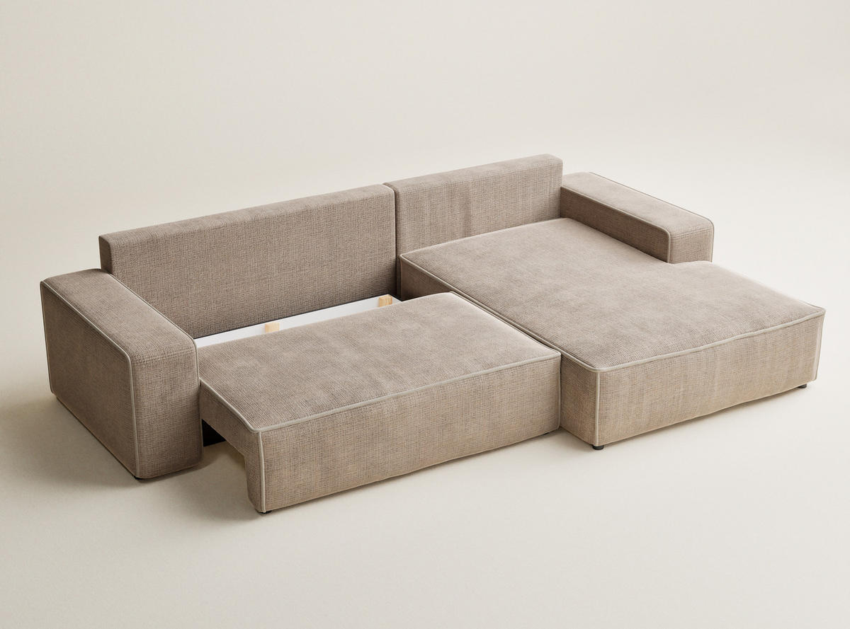 ECKSOFA MIT SCHLAFFUNKTION Modo Creme Chenille-Stoff - Rechts Seite - Beige/Schwarz, Holz/Holzwerkstoff (294/185cm) - Maison de Reve