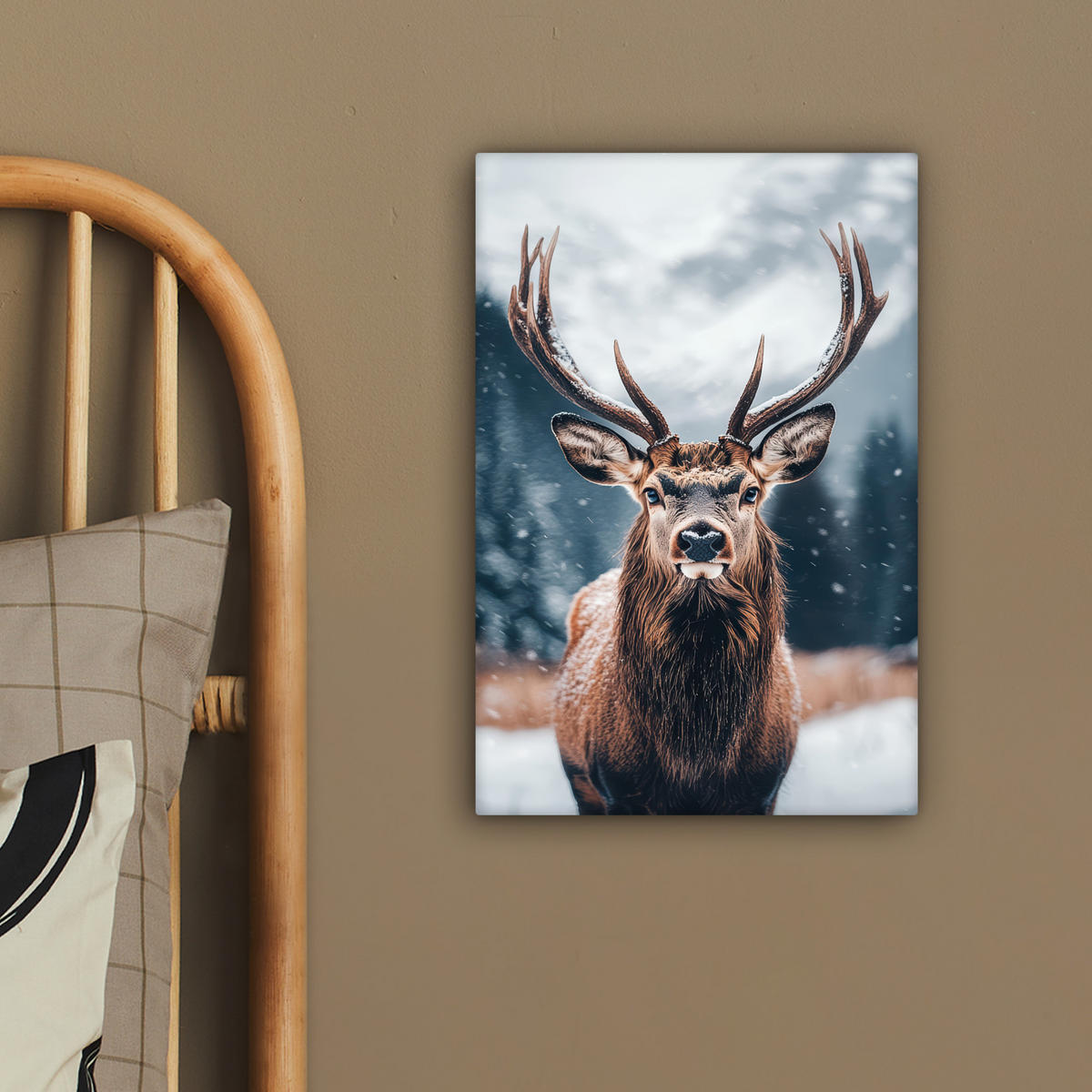 LEINWANDBILD Hirsche - Tiere - Landschaft - Winter - Schnee 20x30 cm - Kastanienfarben, Textil (20/30cm) - MuchoWow