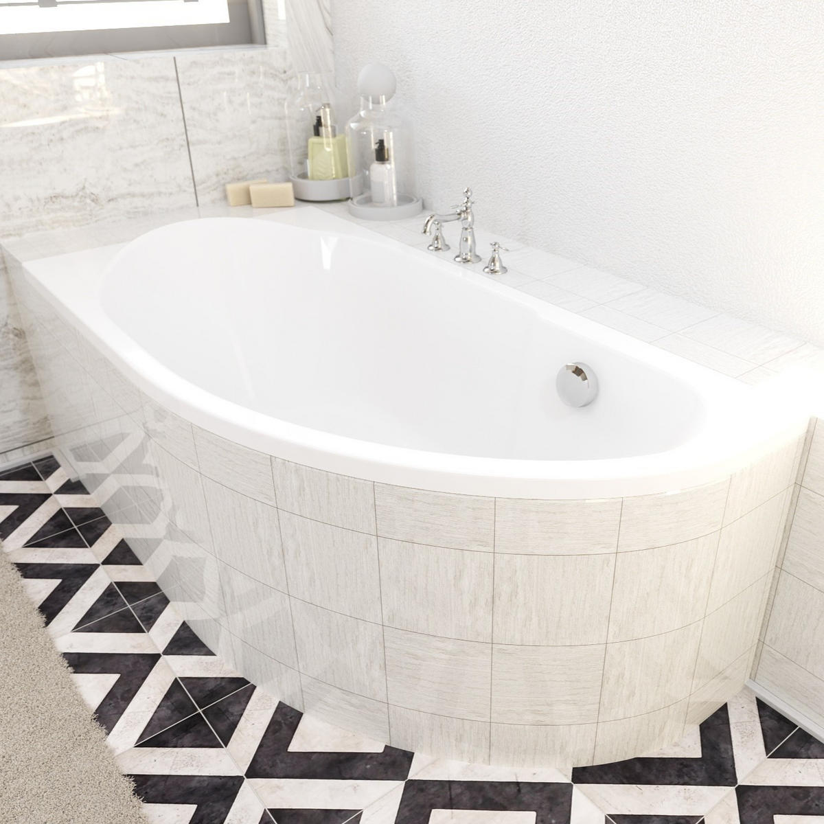 BADEWANNE Eckwanne MIKI 145/85 Links mit Styro Ablauf Füße - Weiß, Kunststoff (85/57.5/145cm) - bad land
