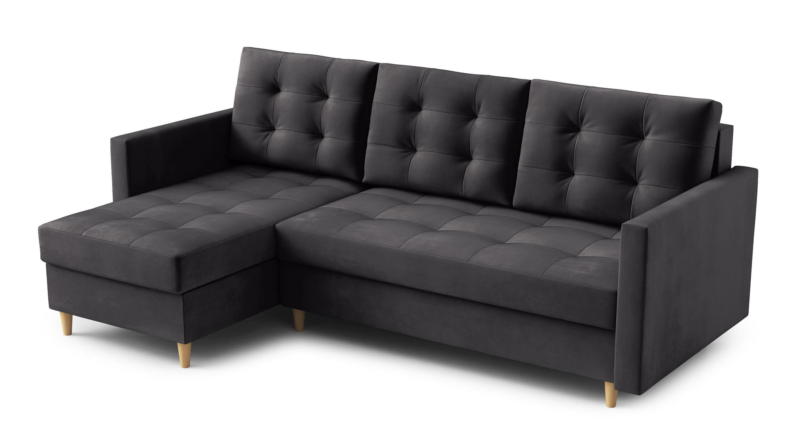 ECKSOFA DIVO Kronos L-förm, Schlaffunktion, elegantes Design, hochwertige Materialien, lose Rückenkissen, freistehend, LINKS 144x224x95 cm Dark grey - Dunkelgrau, Holz/Textil (144/224cm) - DomoHome