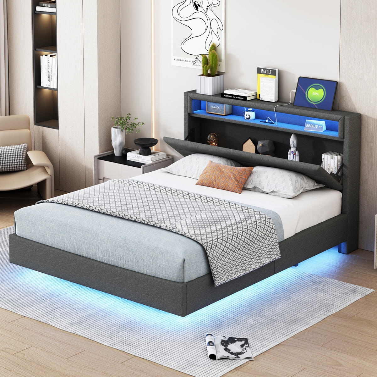 POLSTERBETT 140/200 cm mit USB-Anschluss, LED-Beleuchtung und drehbarem Kopfteil, Grau - Grau, Textil (140/200cm) - Redom
