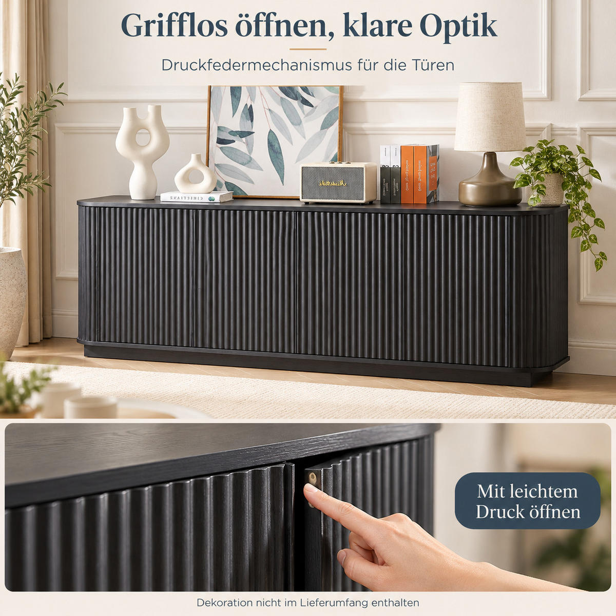 SIDEBOARD aus MDF 162x38x61 cm Schwarz mit 4 Türen und Wellenmuster - Schwarz, Metall (162/61/38cm) - IVMEU