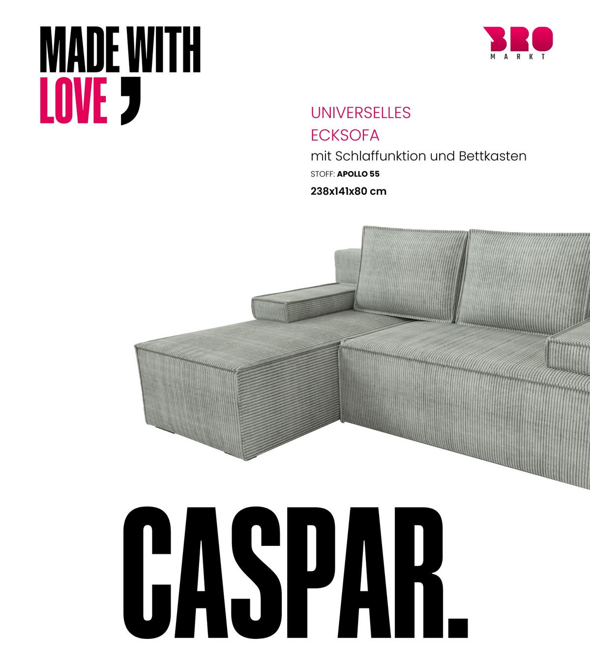 ECKSOFA Caspar mit Schlaffunktion Grau Cord - Hellgrau, Textil (200/141cm) - Bromarkt