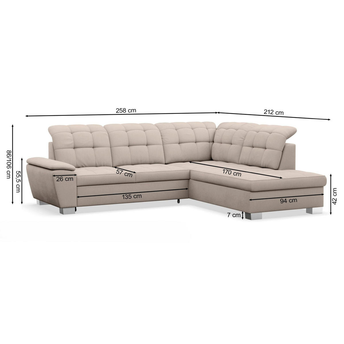 ECKSOFA Jamaal Creme rechtsseitig - Creme/Schwarz, Textil (212/258cm) - Selsey