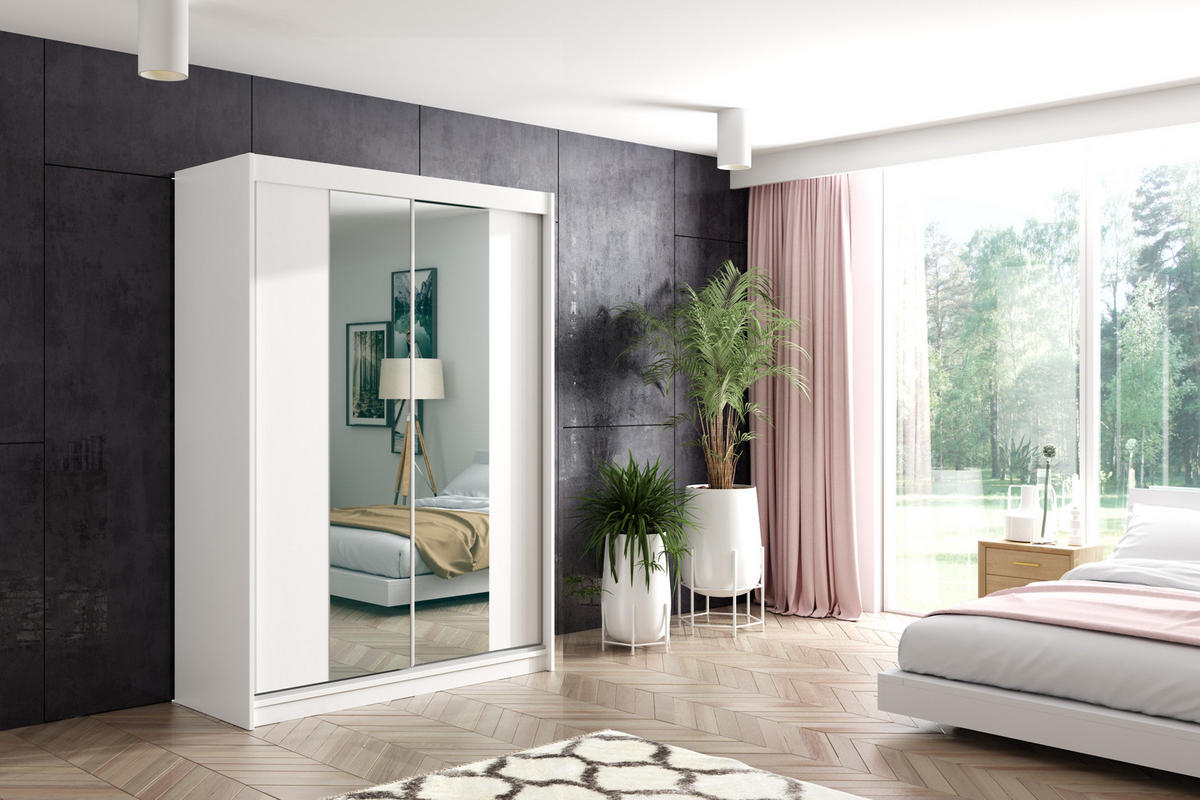 KLEIDERSCHRANK mit Spiegel-Schiebetüren und Aluminium-Leisten - LUZO - 120 cm Weiß - Weiß, Holzwerkstoff (120/216/61cm) - ALTDECOR