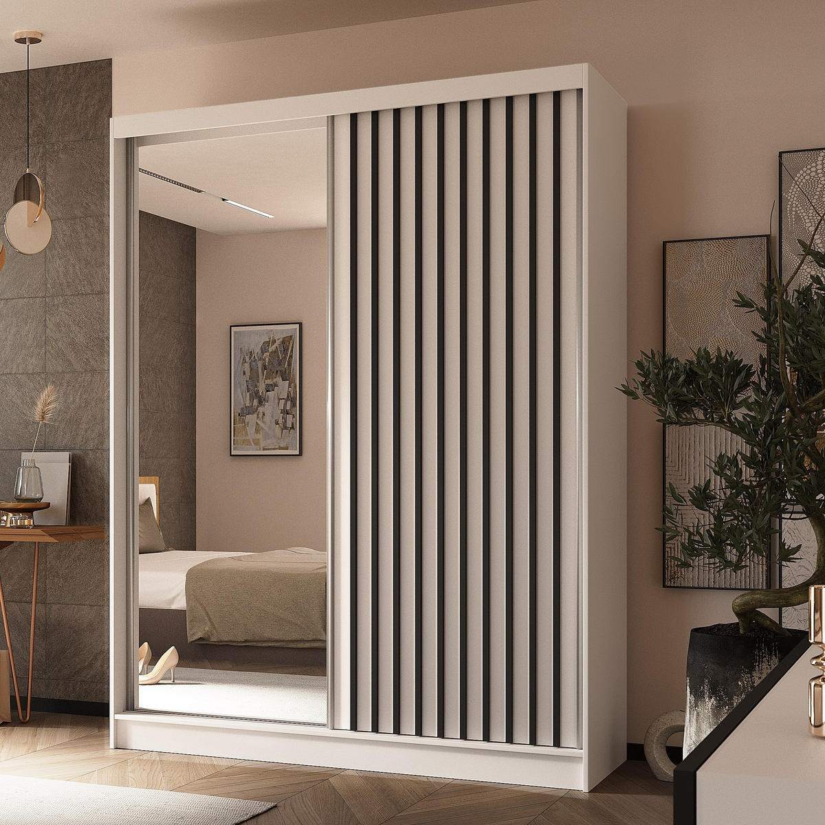 SCHWEBETÜRENSCHRANK LAMELLO 160/216/61 cm 2-türig mit Spiegel Weiß - Weiß, Holzwerkstoff (160/216/61cm) - MASSENO