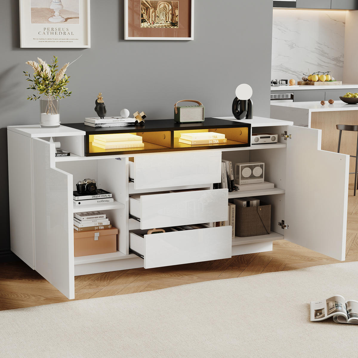 SIDEBOARD 140/40/68 cm Weiß/Schwarz mit 2 Türen und 3 Schubladen - Weiß, Holzwerkstoff (140/68/40cm) - OKWISH