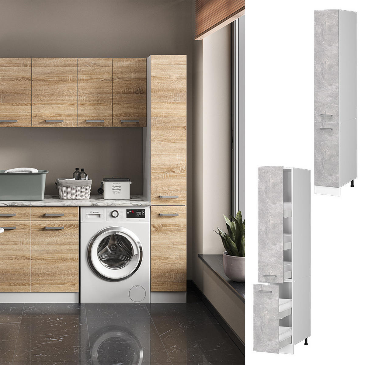 HOCHSCHRANK R-Line Beton 30 cm mit Türen - Schieferfarben/Weiß, Holzwerkstoff (30/207/57.2cm) - Vicco