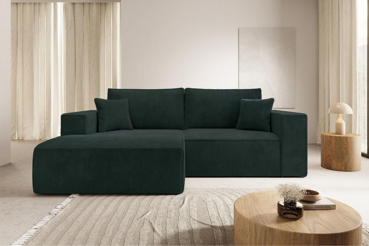 ECKSOFA Farese Mini mit Cordbezug Dunkelgrün, links - Dunkelgrün/Schwarz, Textil (240/167cm) - Selsey