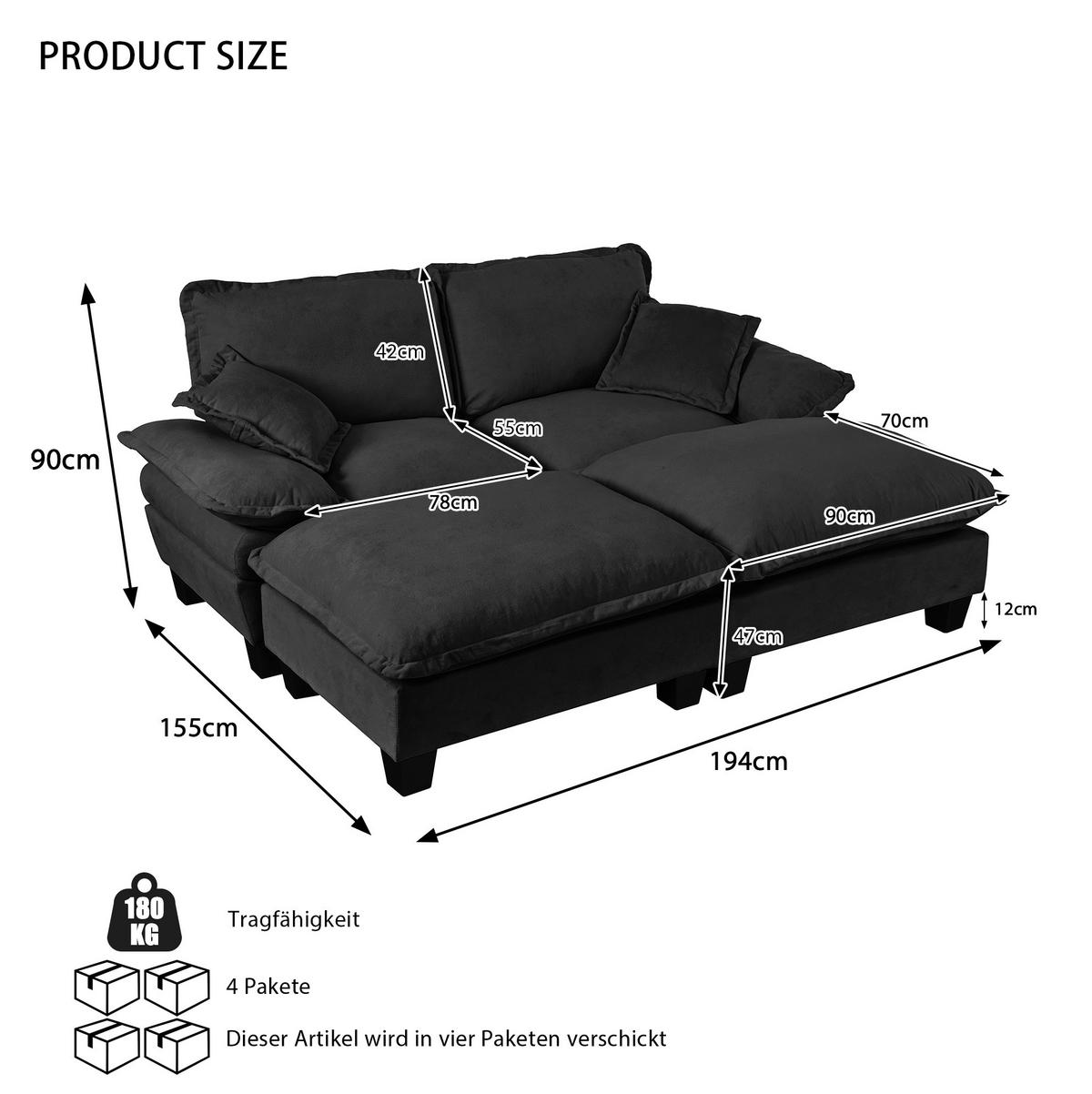 ECKSOFA 194/151/90 cm schwarz aus Chenille mit Ottomanen - Schwarz, Textil (151/194cm) - OKWISH