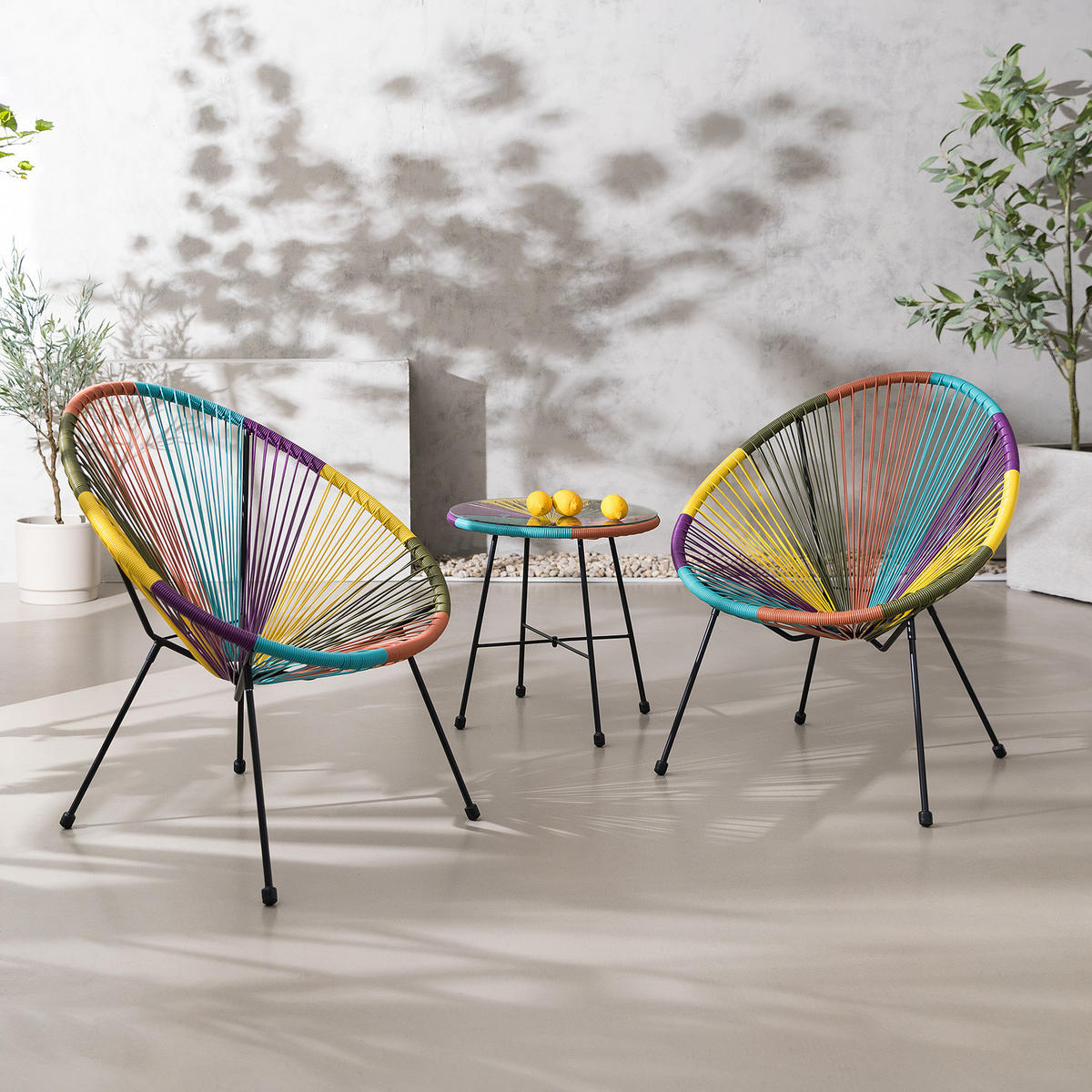 SITZGRUPPE - Stahl / Polyrattan - 3-teilig - Multicolor, Naturmaterialien/Glas - home24