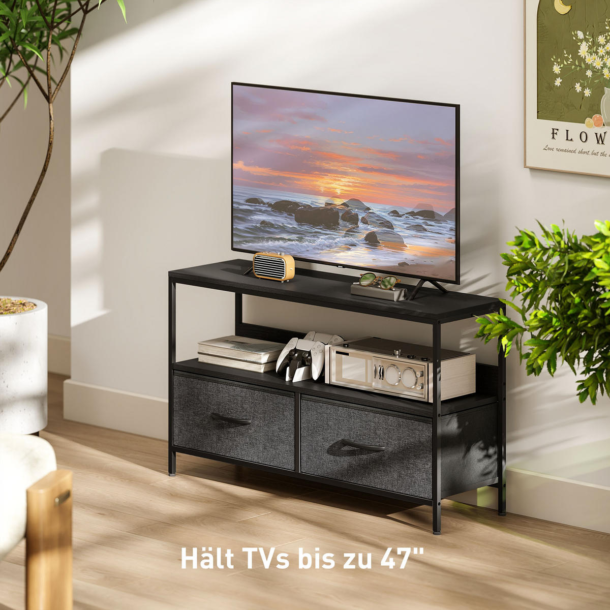 TV Schrank Lowboard mit 2 Schubladen, offenem Fach, für Fernseher bis 47 Zoll, 98 x 29 x 56 cm, Schwarz+Dunkelgrau - Schwarz, Textil (98/56/29cm)