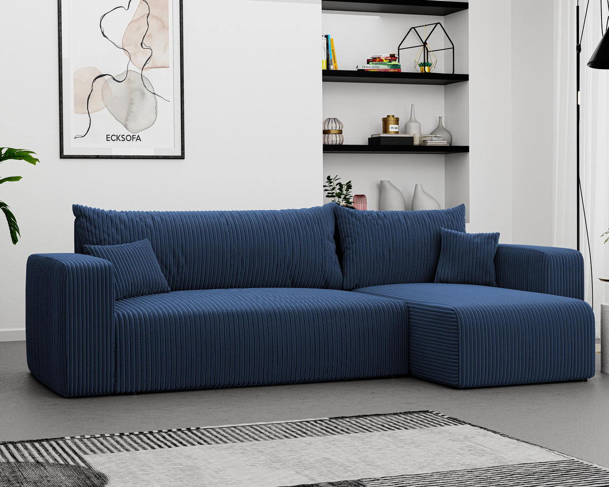 ECKSOFA Blau Cord-Stoff mit Bettkasten - Blau, Textil (248/145cm) - Idohome