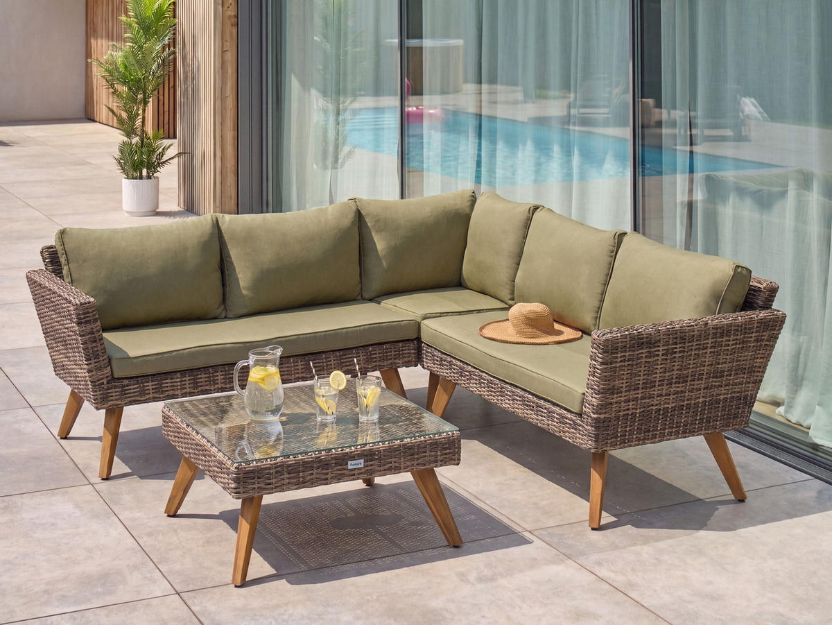 GARTEN-ECKSOFA mit Tisch 6-Sitzer Polyrattan Olivgrün Vittoria - Olivgrün/Braun, Kunststoff - Beliani