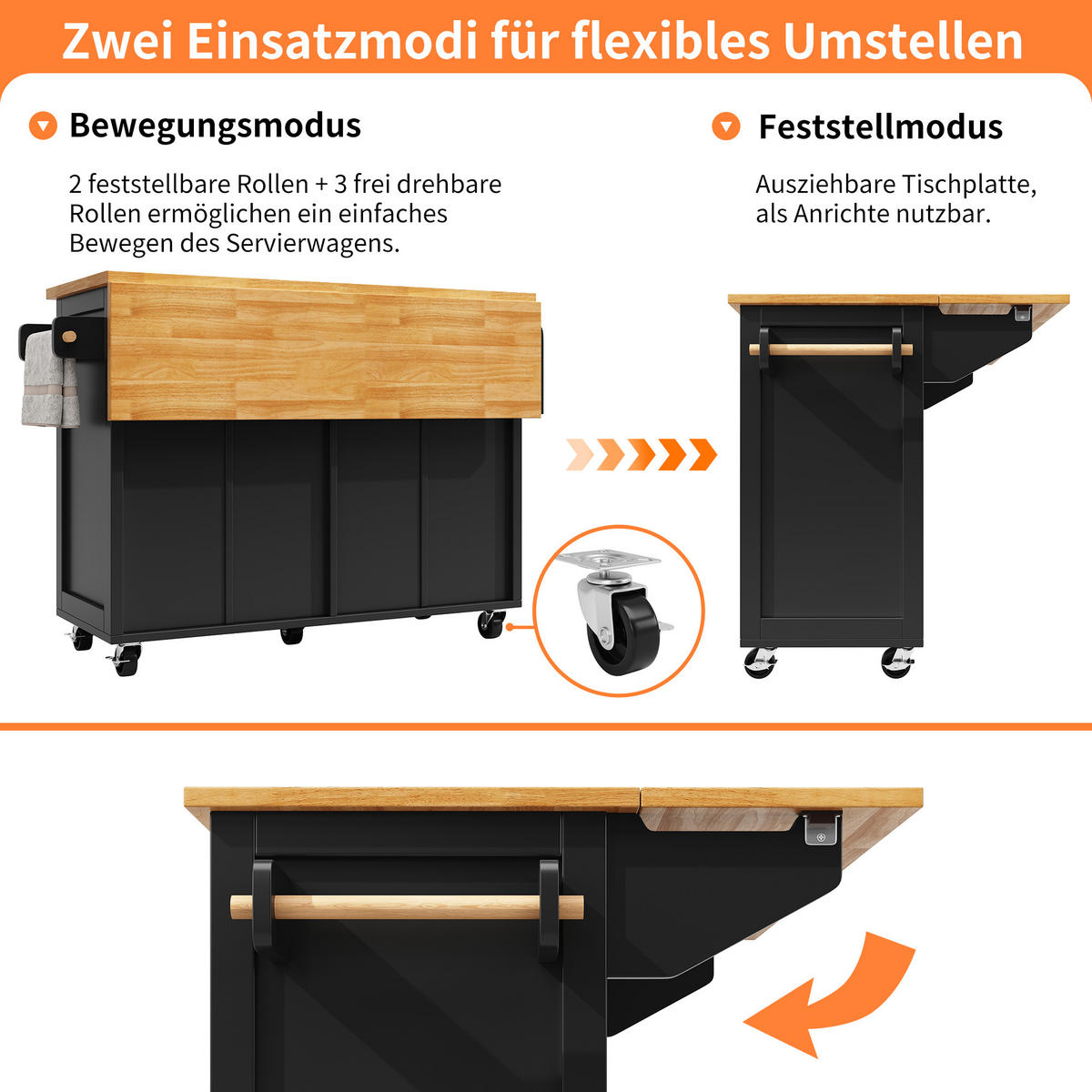 KÜCHENINSEL Servierwagen Stauraum Bremsen Schwarz - Schwarz, Holzwerkstoff (140/93.5/45cm) - FLIEKS