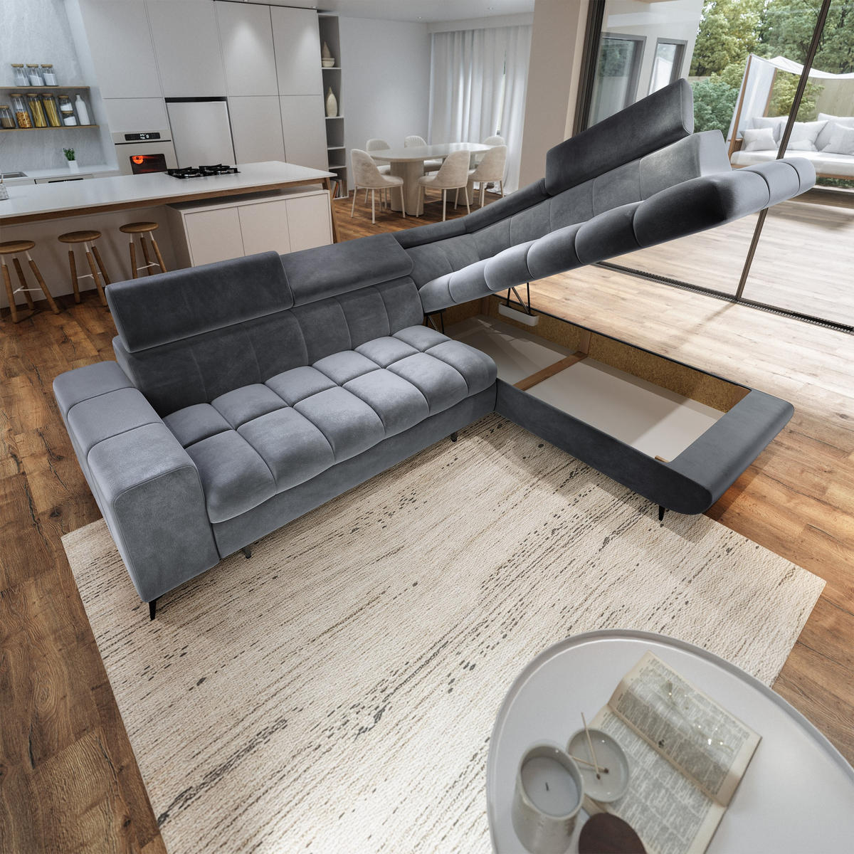 ECKSOFA MORIVA R-S Grau Velours-Stoff mit Schlaffunktion - Grau, Holz (253/190cm) - MASSENO