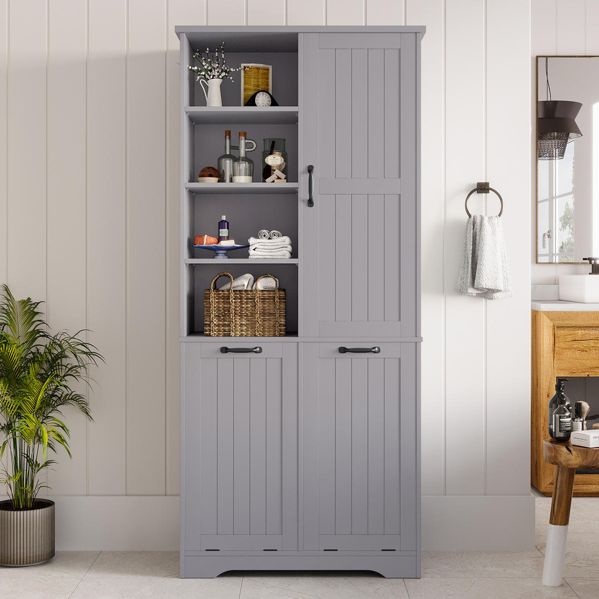 HOCHSCHRANK 78/35/172.7 cm Grau mit doppelter Wäschekorb und 4 offene Fächer - Grau, Holz/Holzwerkstoff (35/172.7/78cm) - Oxeza