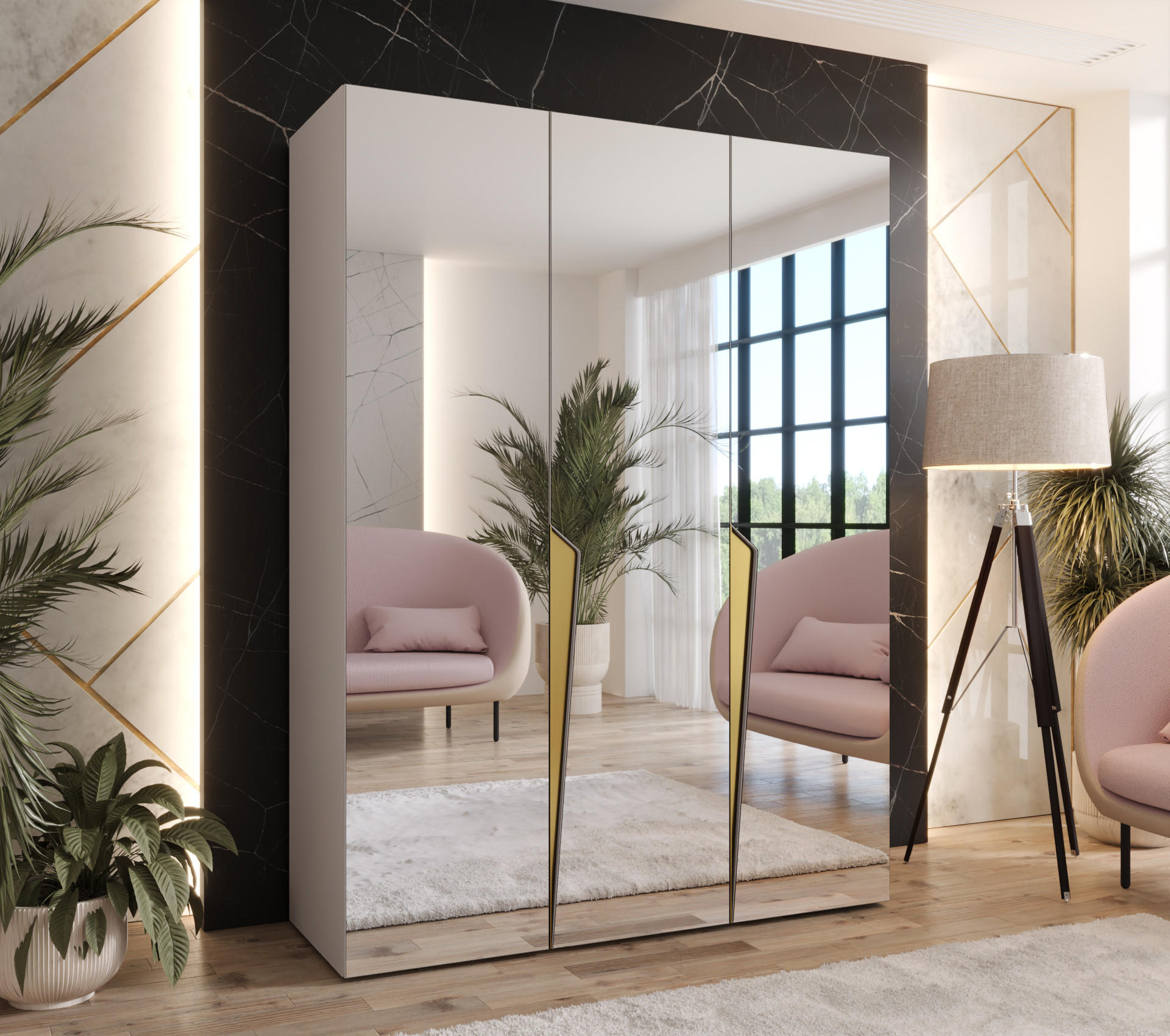 DREHTÜRENSCHRANK 202/150/52 3-türig - Beige/Goldfarben, Holz/Metall (150/202/52cm) - Abiks Möbel