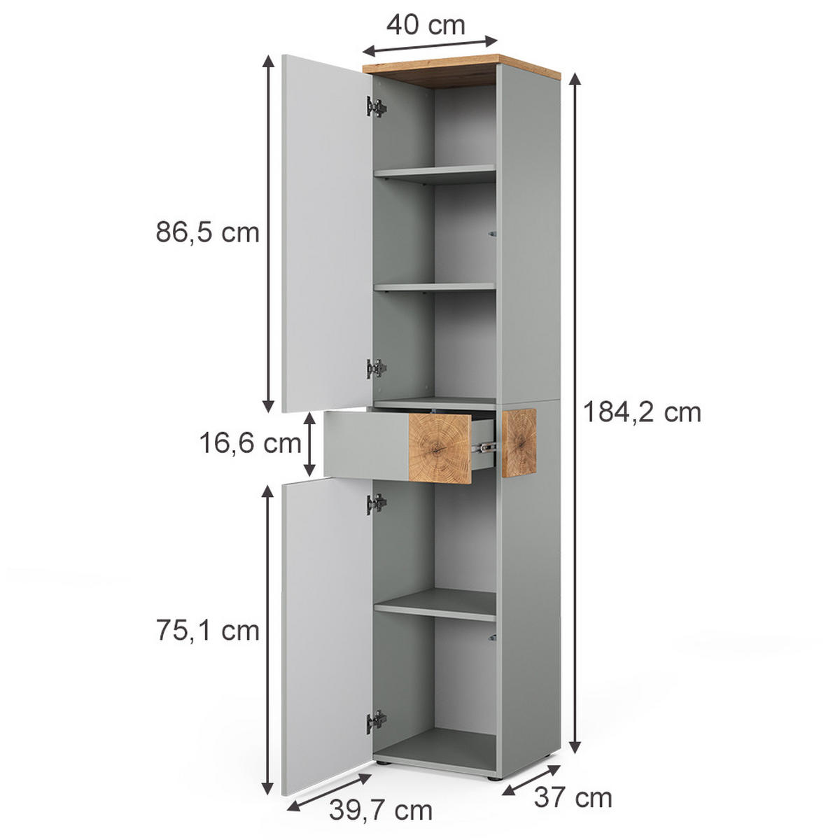 HOCHSCHRANK Eden Grau/Artisan 40 x 184.2 cm mit 2 Türen & 1 Schublade - Hellgrau/Grau, Holzwerkstoff (40/184.2/37cm) - Vicco