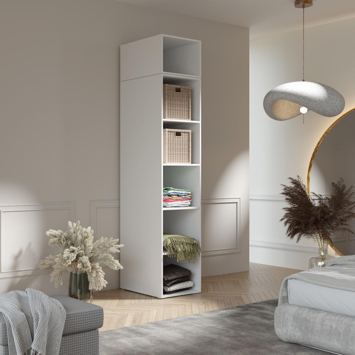 DREHTÜRENSCHRANK mit Einlegeböden und Aufsatz Napoli 1D 50 Weiß (schwarzer oder goldener Griff) - Silberfarben/Schwarz, Holzwerkstoff/Kunststoff (50/35/60cm) - mzm24