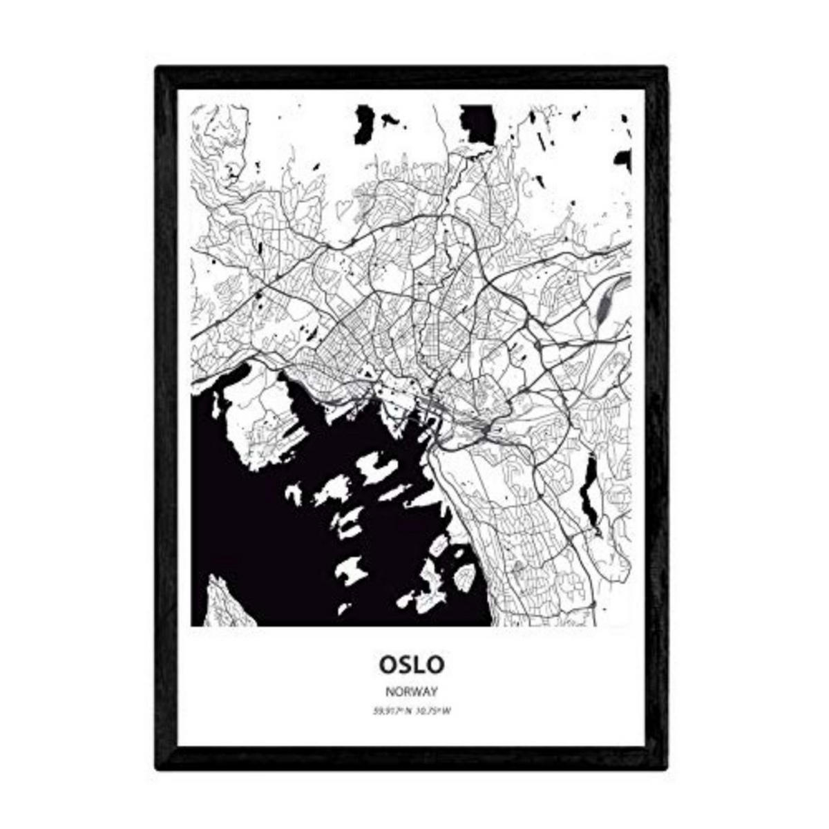 POSTER Oslo - Norwegen A4 Schwarzer Rahmen - Schwarz, Papier (29.7/5/21cm) - Nacnic