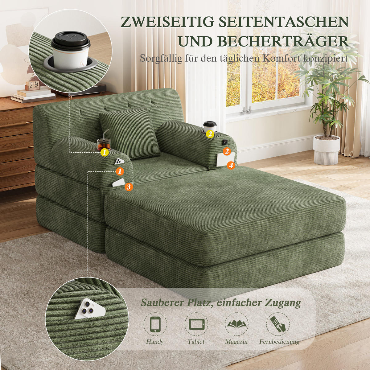 SCHLAFSOFA mit Hocker, Liegefunktion und Getränkehaltern aus Cord in Grün - Grün, Textil (191/60/162cm) - EVRYAE