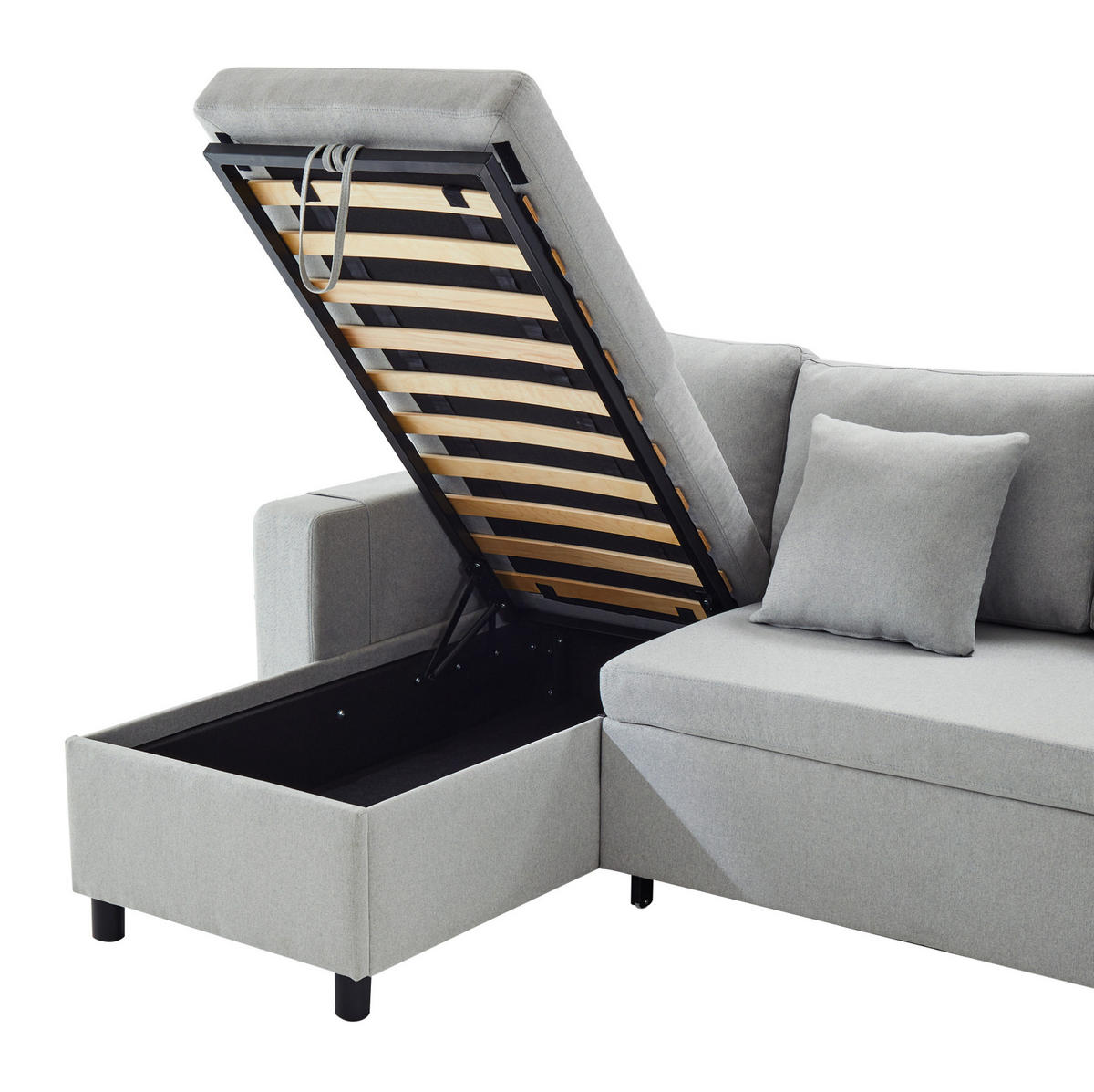 ECKSOFA L-Form mit Chaiselongue & Stauraum grau Leinen 219,5/142,5/83 cm - Grau, Textil (219.5/142.5cm) - OKWISH
