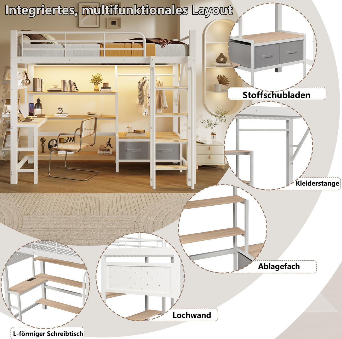 HOCHBETT aus Metall und MDF 90x200 cm Weiß mit Schreibtisch, LED-Beleuchtung und Stauraum - Weiß, Holzwerkstoff (90/200cm) - Modfu