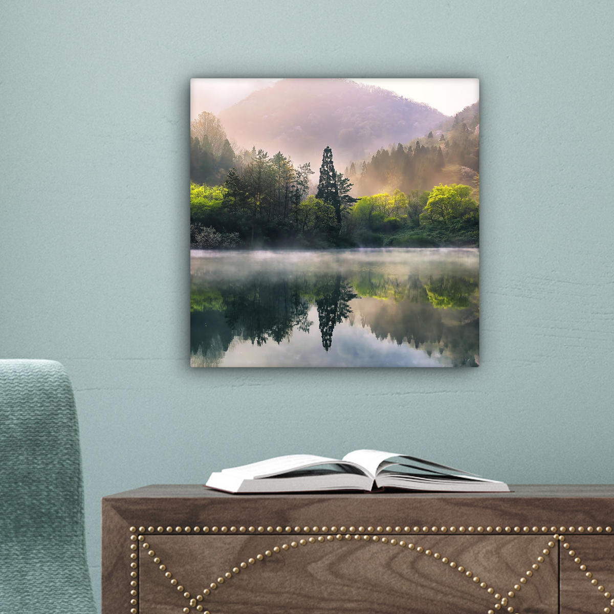 LEINWANDBILD Natur - Bäume - Berge - See - Wasser Deko Wohnzimmer 20x20 cm - Hellgrün, Textil (20/20cm) - MuchoWow