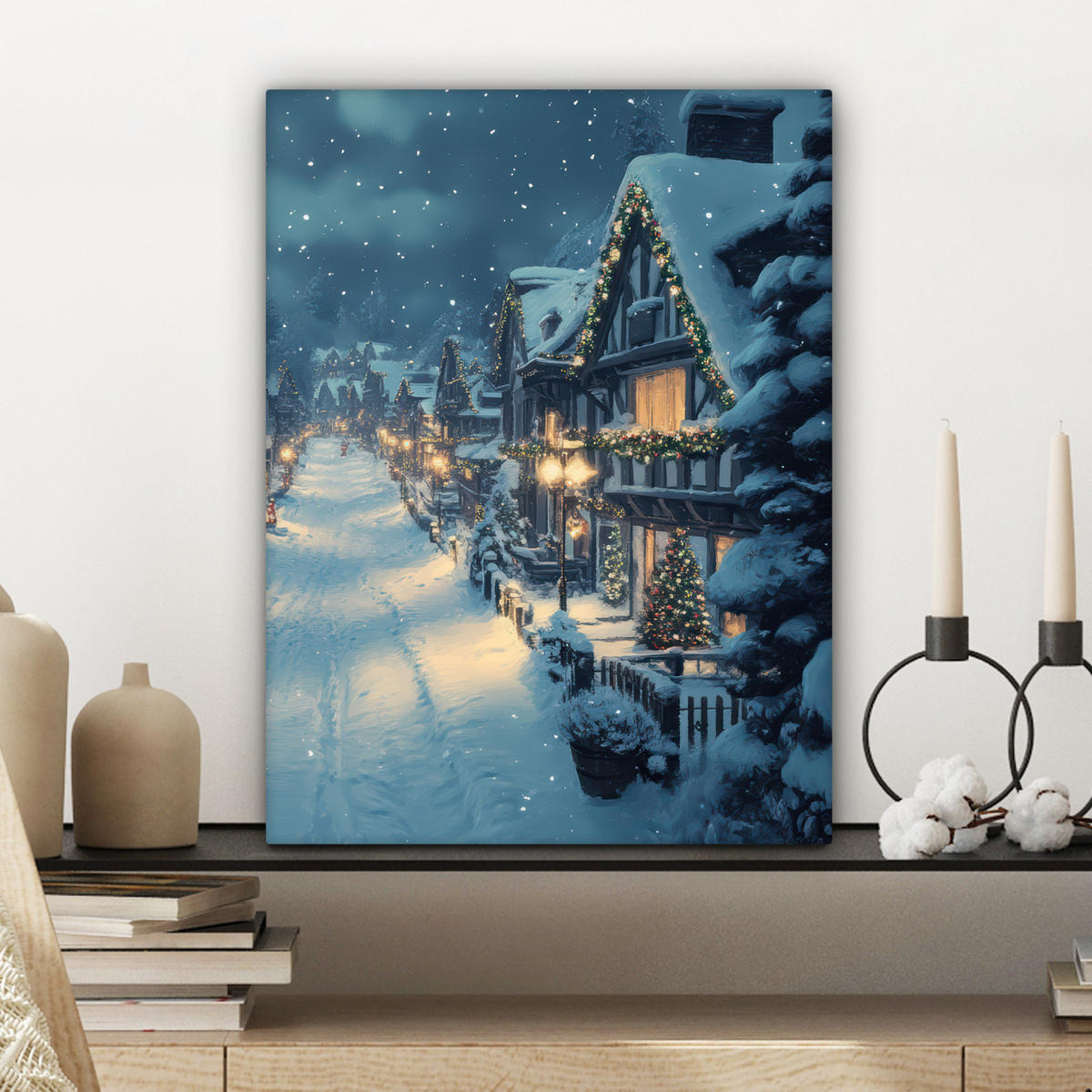 LEINWANDBILD Weihnachtsdorf - Weihnachten - Schnee - Winter Room Decor 30x40 cm - Dunkelblau, Textil (30/40cm) - MuchoWow