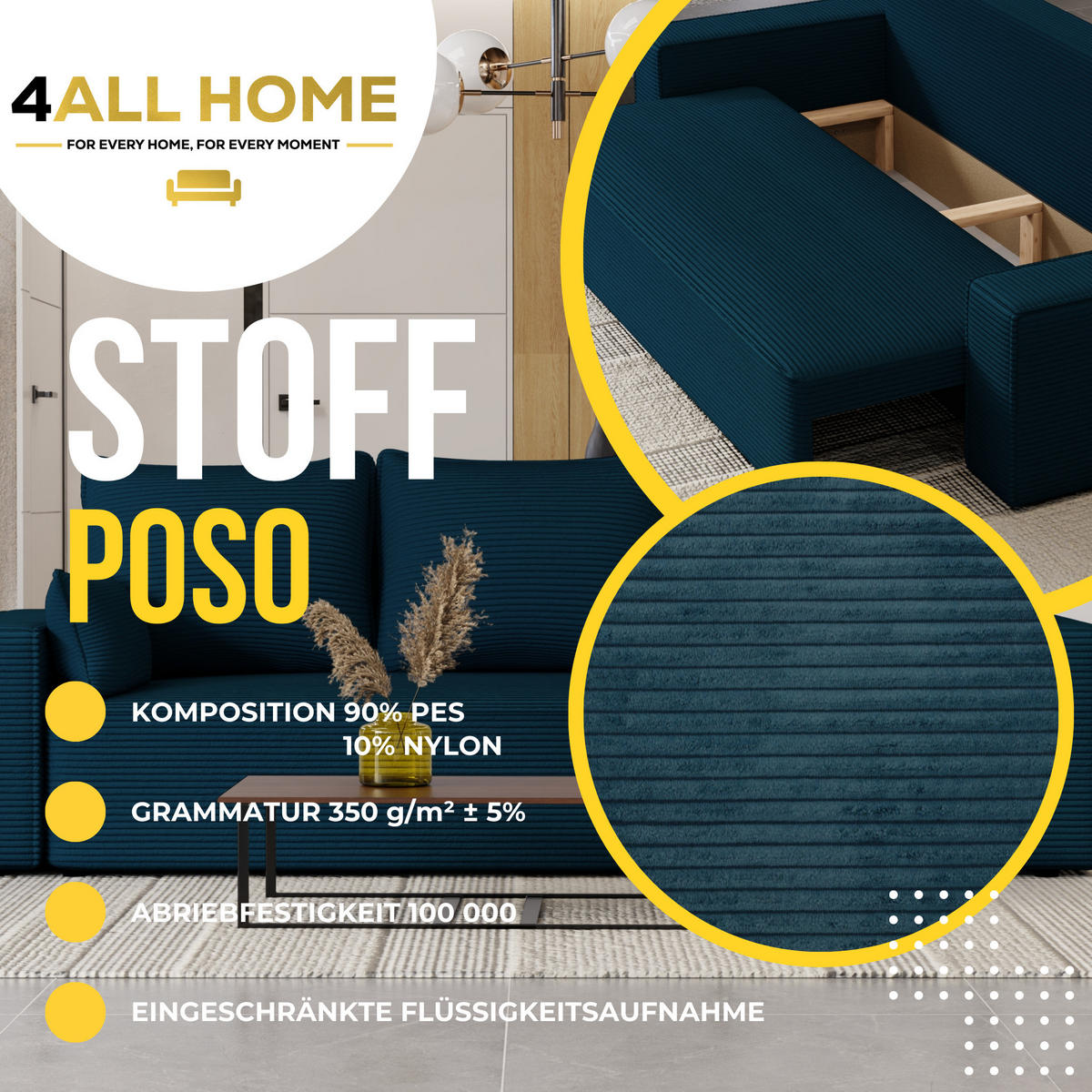 SOFA Vens mit Bettkasten und Schlaffunktion, Cordstoff - Blau, Holzwerkstoff (242/85/95cm)