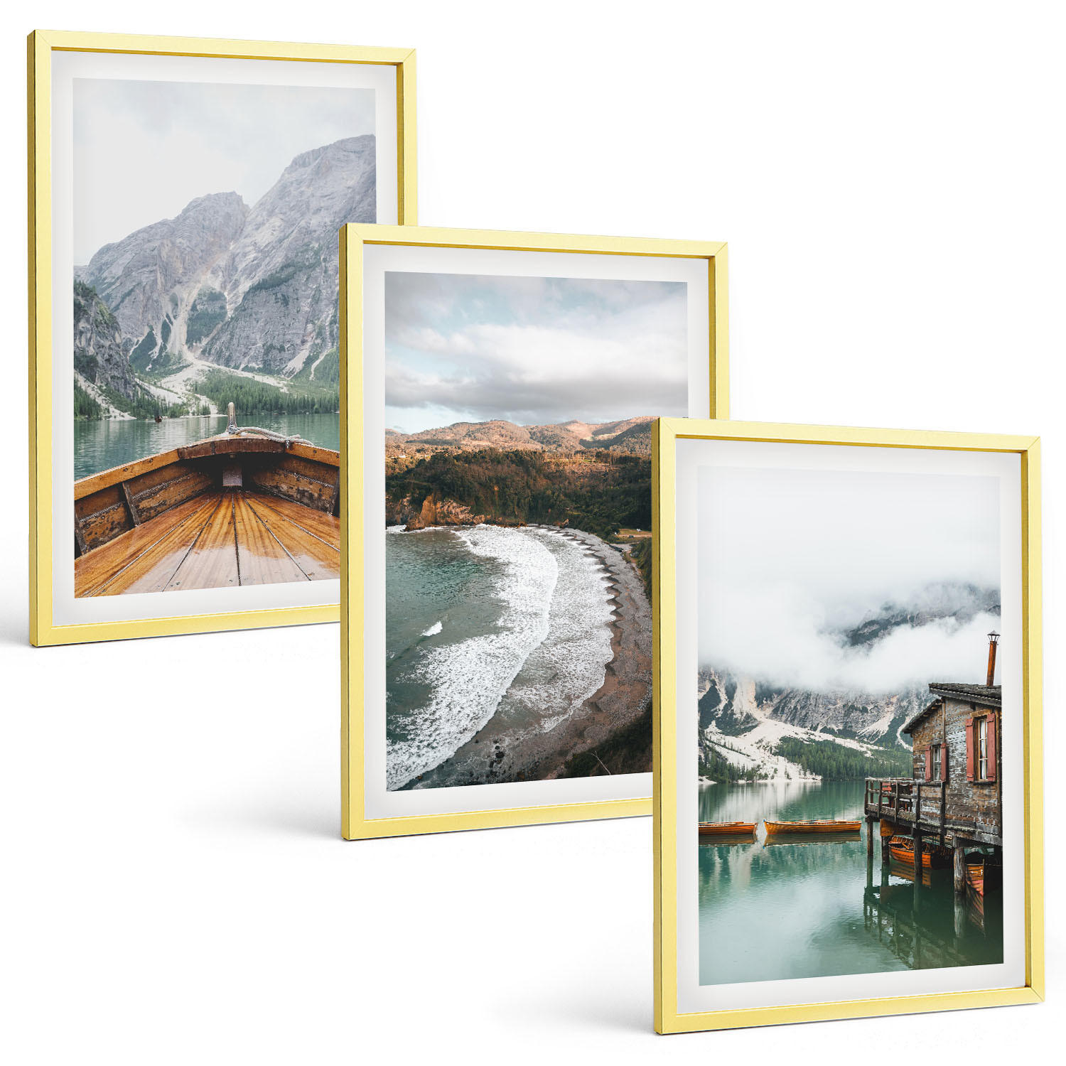 BILDER SET 3er Set - 40x60 cm Goldrahmen - Berge, See, Boot, Strand, Landschaft - Goldfarben, Kunststoff (40/60cm) - TULUP