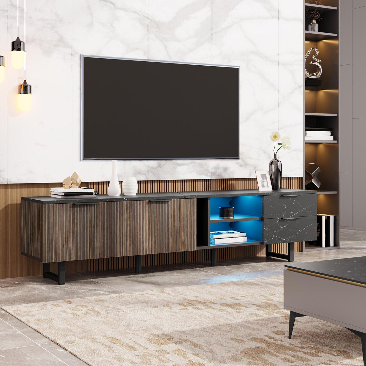TV-SCHRANK aus MDF 200x38x50 cm Schwarz/Holzoptik mit LED-Beleuchtung, App-Steuerung und 15 cm Bodenfreiheit - Schwarz, Holzwerkstoff (200/50/38cm) - Modfu