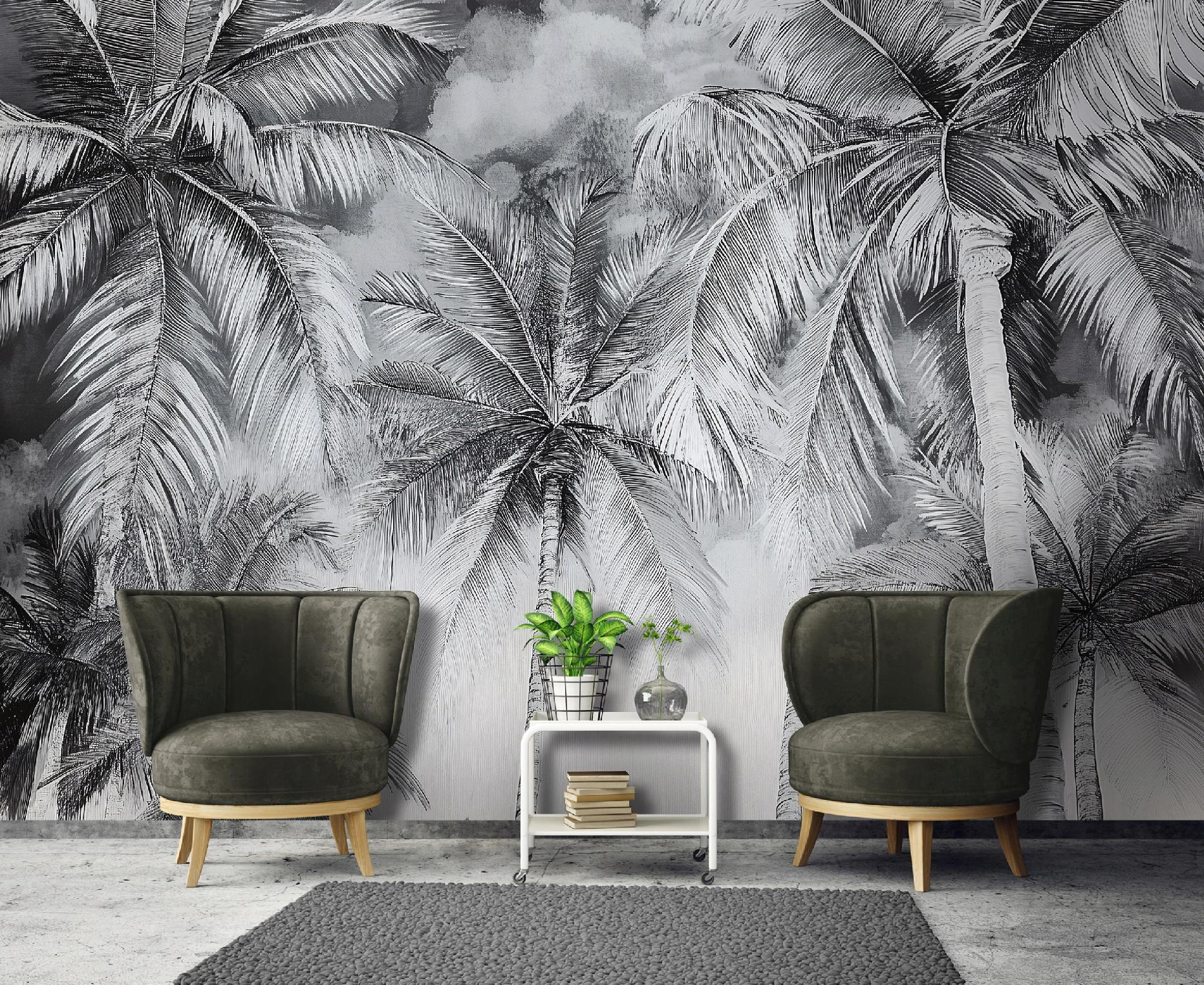 FOTOTAPETE Schwarz Weiß Palmen Natur Wohnzimmer Vlies Tapete 350x250 - Multicolor, Papier (350/250cm) - Wallarena