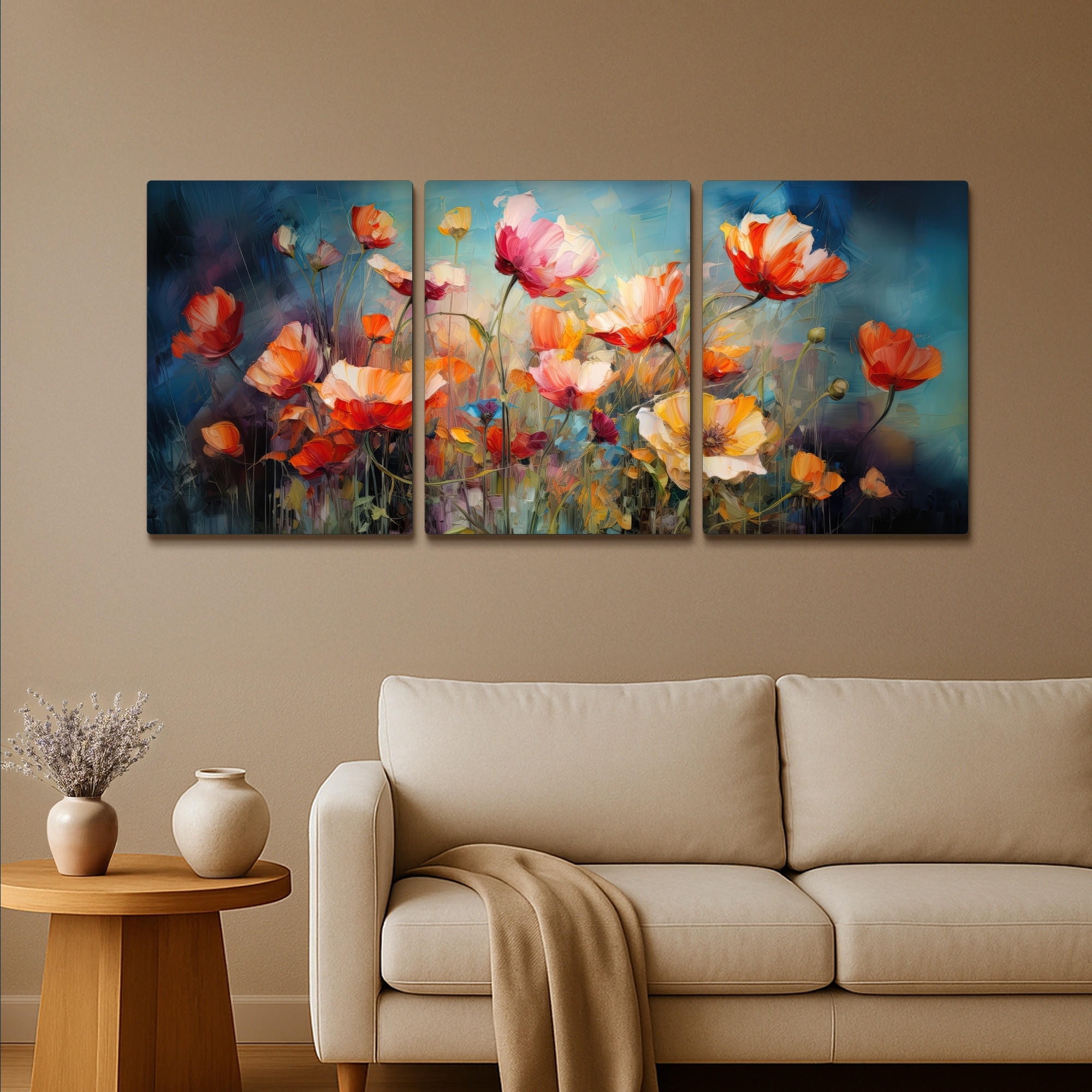 LEINWANDBILD 3er Set Blumen - Bunt - Abstrakt 180x80 cm - Blaugrau, Textil (180/80cm) - MuchoWow