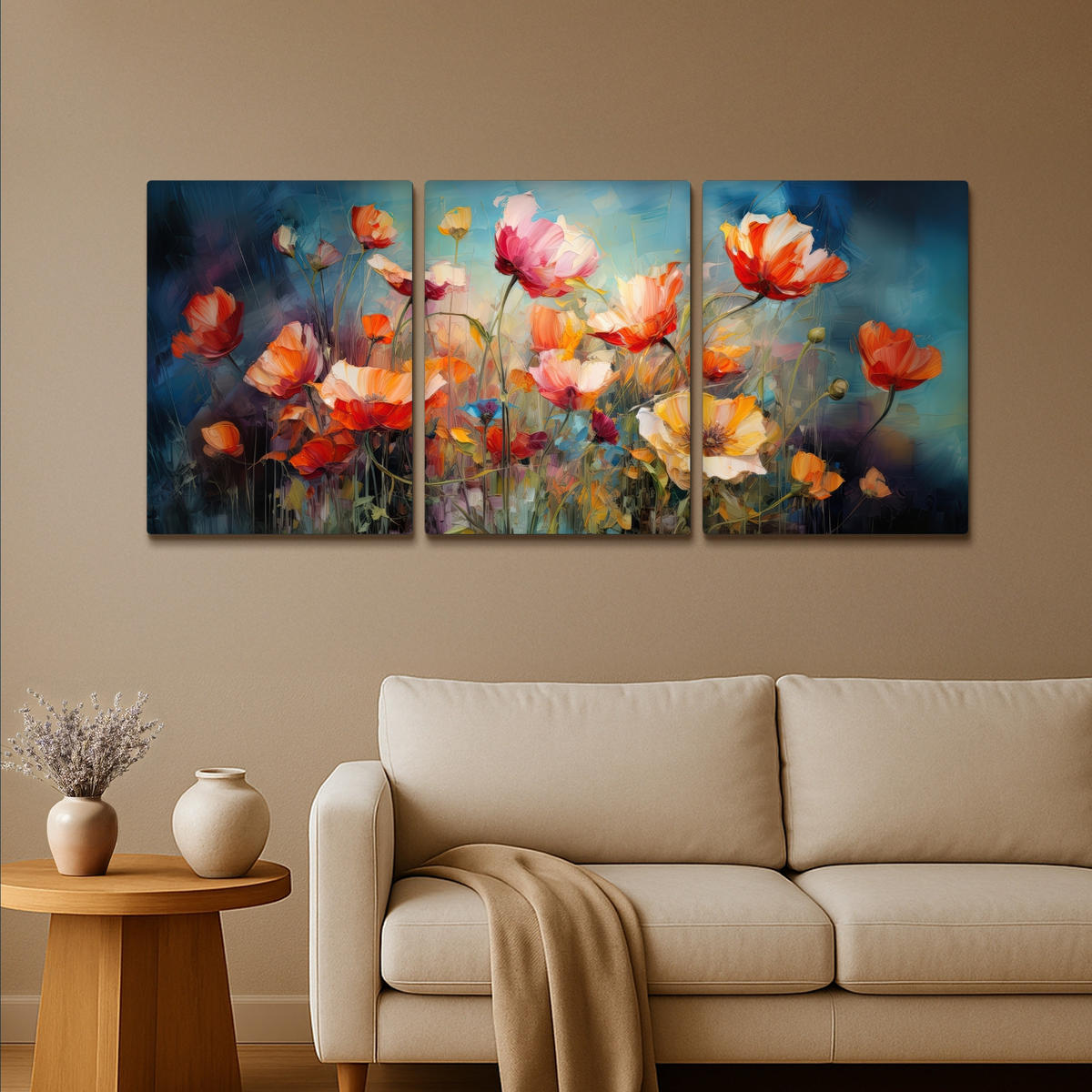 LEINWANDBILD 3er Set Blumen - Bunt - Abstrakt 180x80 cm - Blaugrau, Textil (180/80cm) - MuchoWow